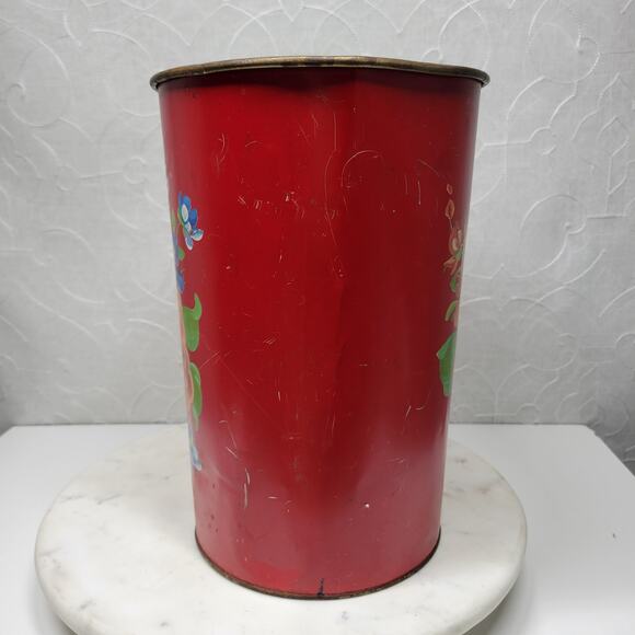 VTG Harvell Tolled Metal Trash Can 12" Red Floral Painted Oval MCM Wastebasket - Picture 5 of 16